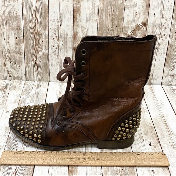 Steve Madden Tarnney Brown Gold Leather Stud Boots - Picture 8 of 16